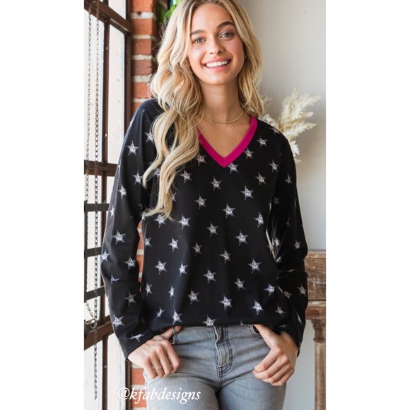 ❤️LAST 1! So Soft! V Neck Hot Pink Contrast Soft Faded Star Top! - Picture 2 of 12